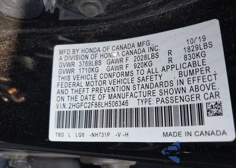 2020 Honda Civic Sport z USA, uszkodzony, nr VIN 2HGFC2F86LH506346